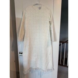 Dainty Jewells Cream White Gold Metallic Tweed Fringe Modest Midi Dress XS